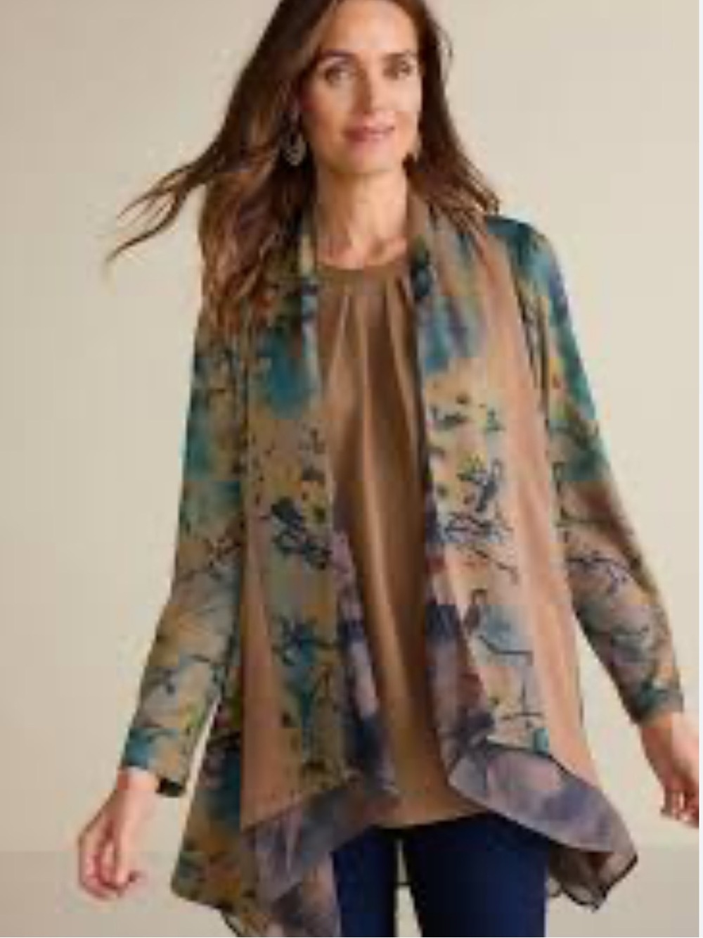 Soft Surroundings Tea Garden Bird Floral Open Cardigan PXL Boho Earthy Chic EUC
